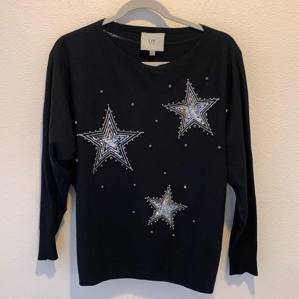 LIV Milano Womens Black Dolman Sleeve Festive Top. Three Tasteful Stars. XL.‌‌‌‍